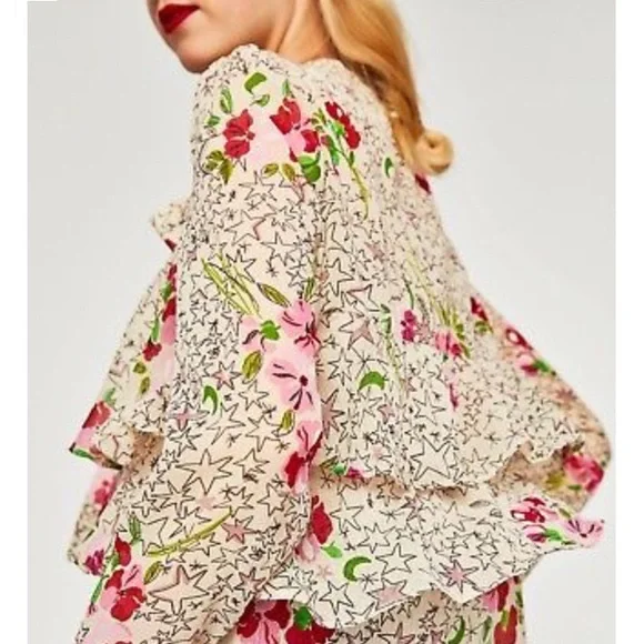 Zara Ruffled Star Floral Tie-Neck L/S Blouse M - Picture 3 of 8